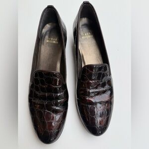 Stuart Weitzman Croco Embossed Deep Brown Loafers, low heel, slip-on, size 7.5N